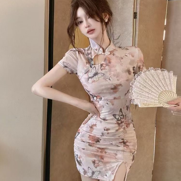 チャイナ服 蝶々柄チャイナボタン半袖ワンピース