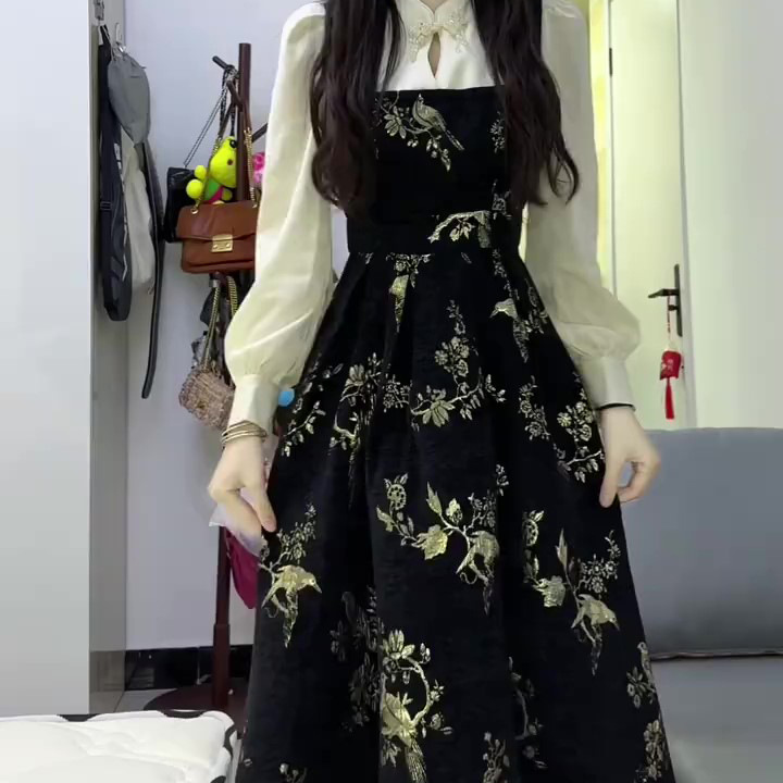 チャイナ服 花鳥刺繍ベルベット調切替袖チャイナワンピース