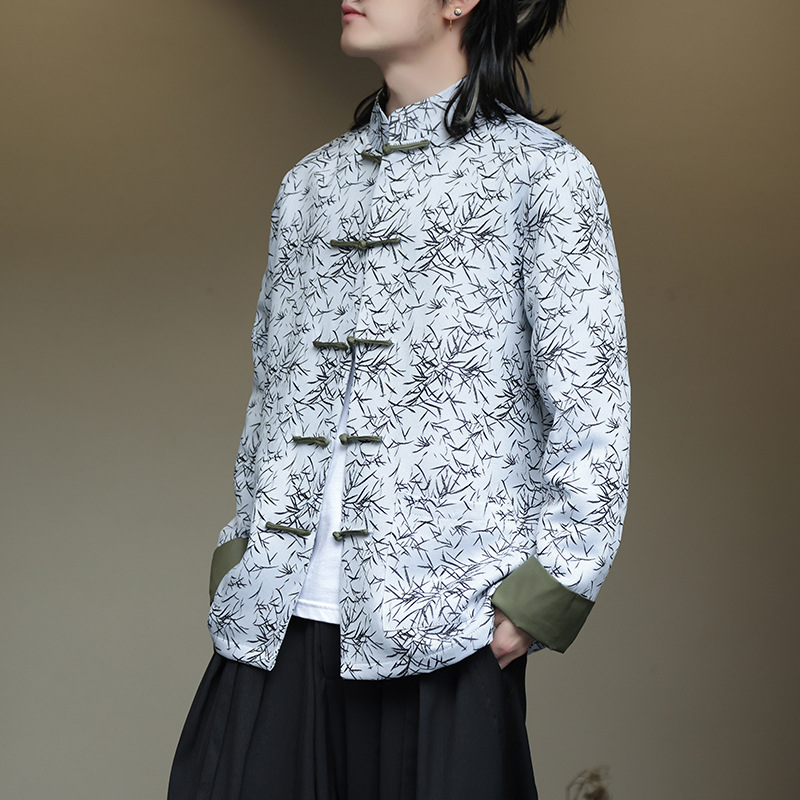 チャイナ服 竹柄刺繍チャイナボタン立襟シャツ