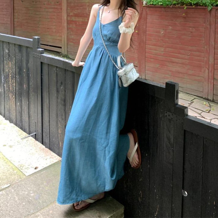 チャイナ服 チャイナ風細紐ウエストギャザーロングワンピース