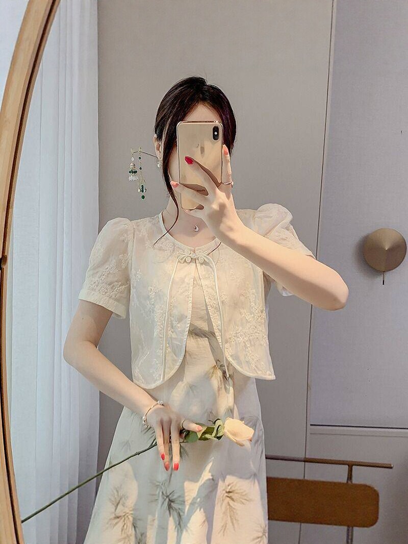 チャイナ服 花柄刺繍ショートジャケット付き竹葉柄ロングドレス