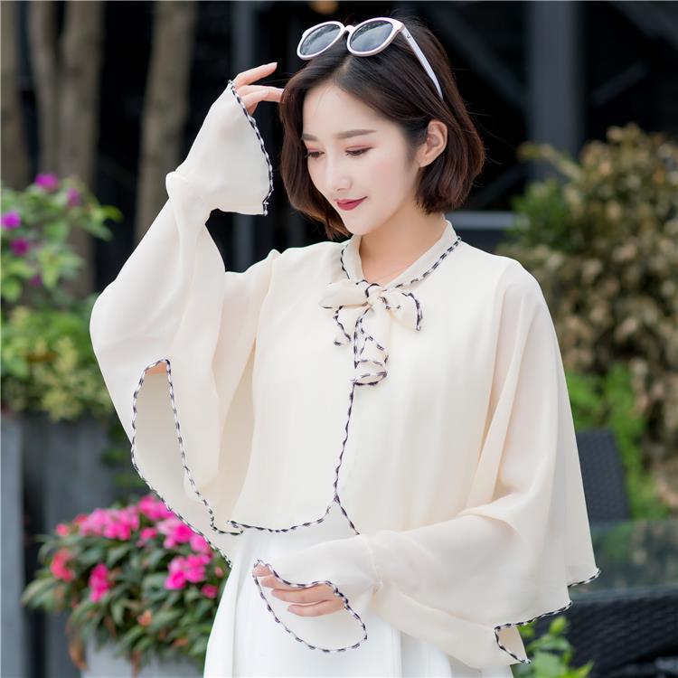 チャイナ服 配色パイピング結びリボン付き長袖チャイナブラウス