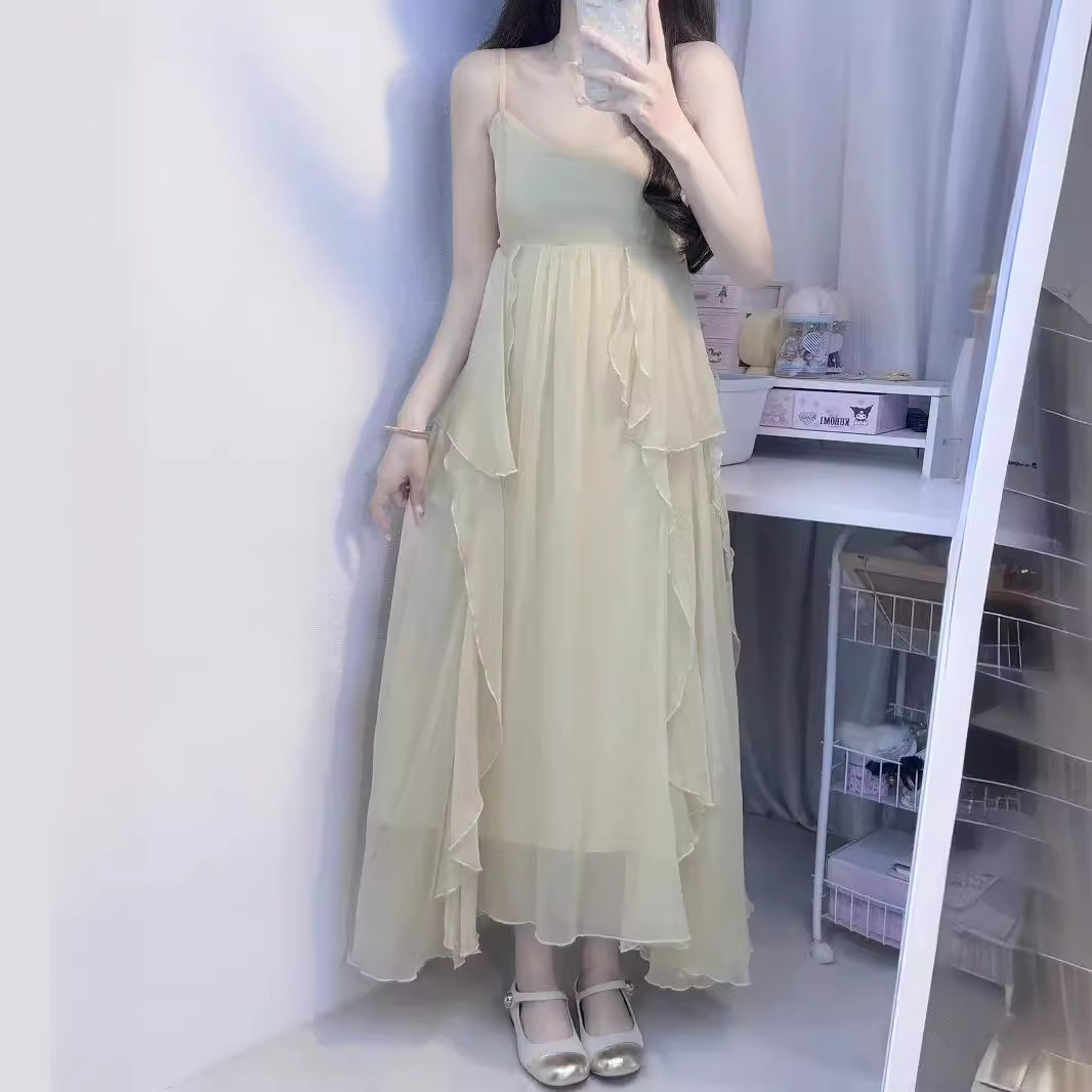 チャイナ服 シフォンフリル重ねロング丈ワンピース