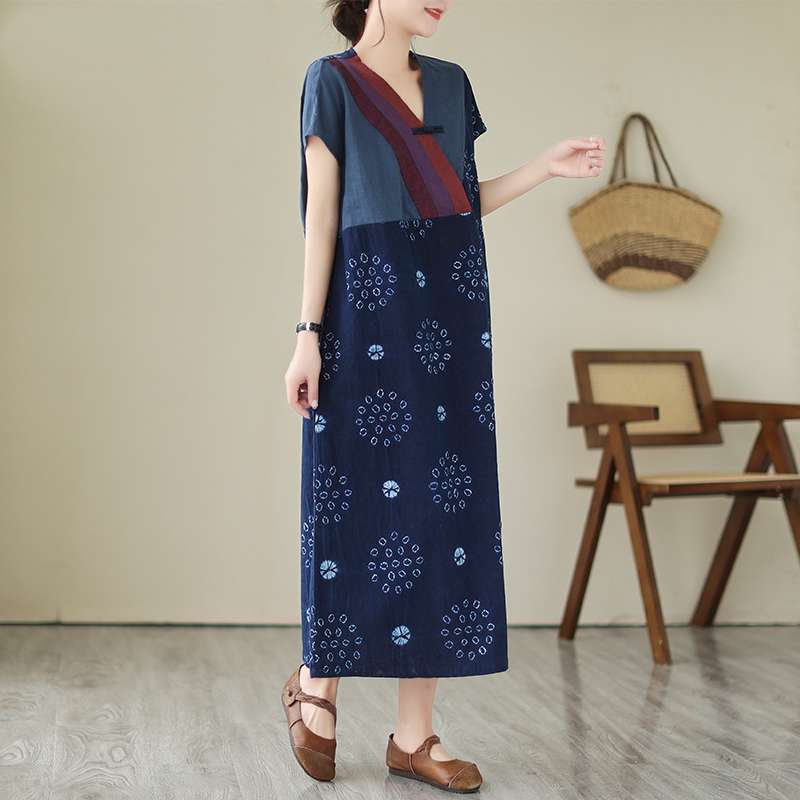 チャイナ服  花柄プリントチャイナカラーロングワンピース