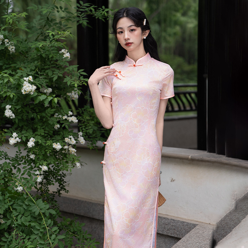 花柄刺繍入り半袖ロング丈チャイナ服ドレス