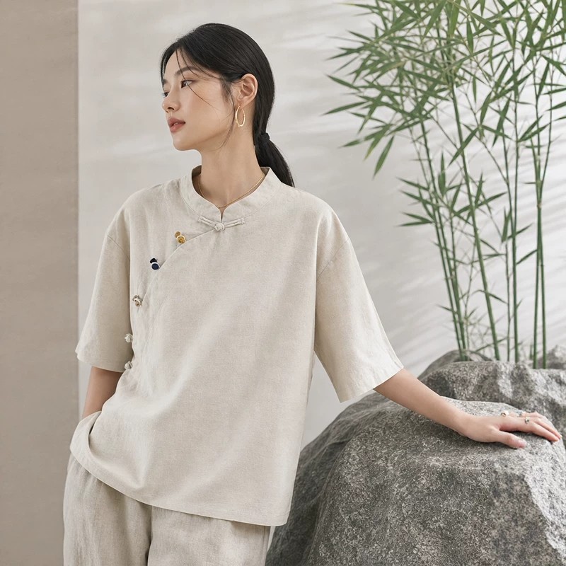 チャイナ服 チャイナ風スタンドカラー斜めボタン半袖Tシャツ