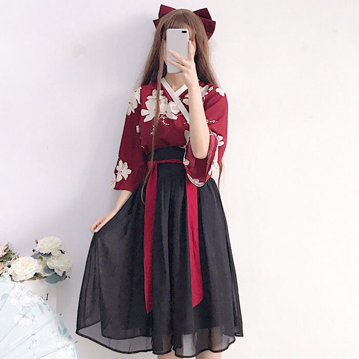 チャイナ服　ダブルカラーフラワープリントセットアップ中華ロリータ