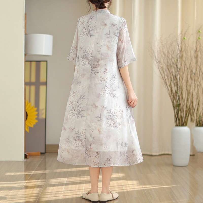 チャイナ服  花柄チャイナカラーミディ丈ワンピース