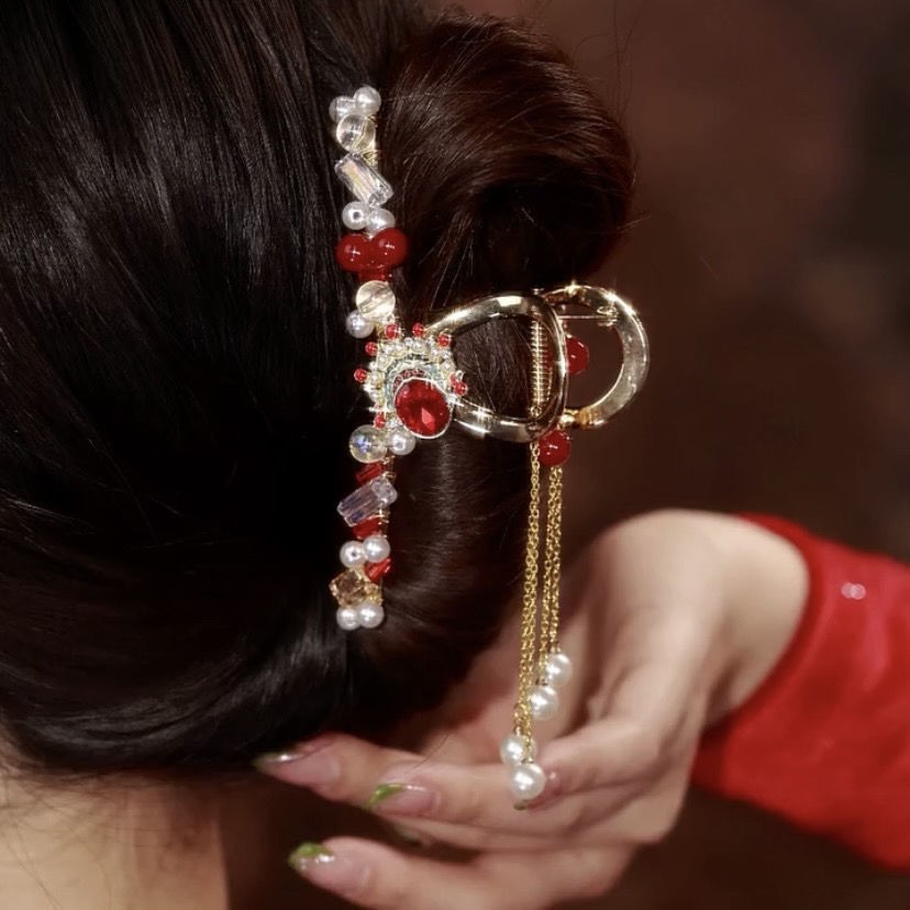 チャイナ服 天然石と揺れる珠飾りの華やか中華風髪留め