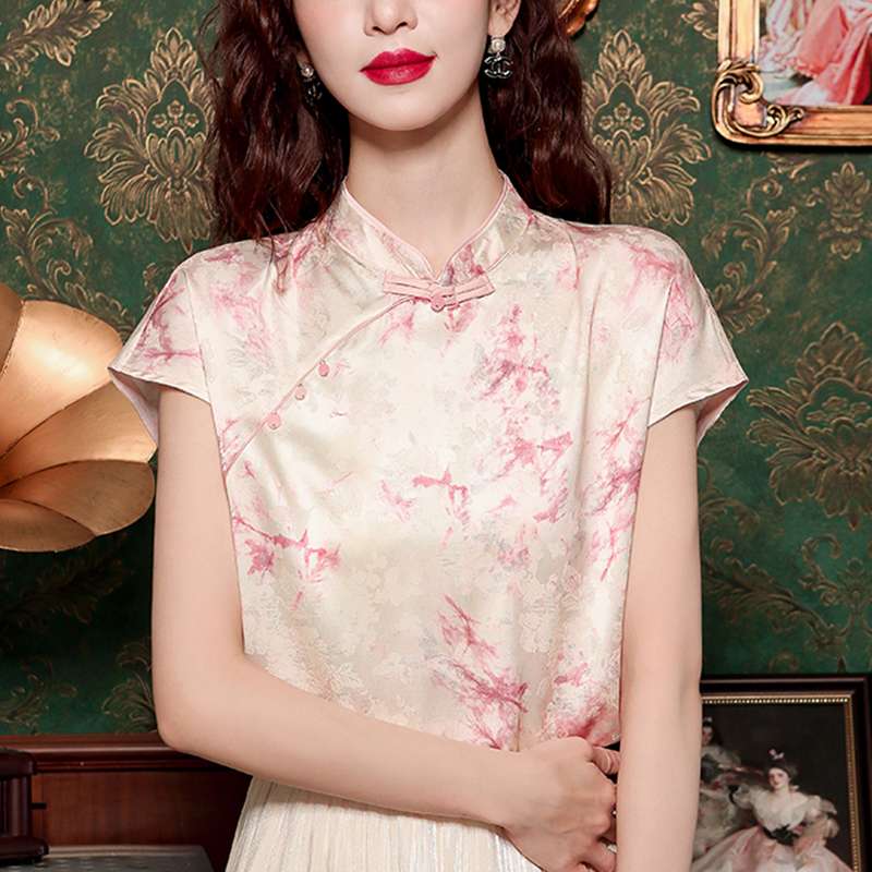 チャイナ服  優雅な桜模様チャイナカラーブラウス