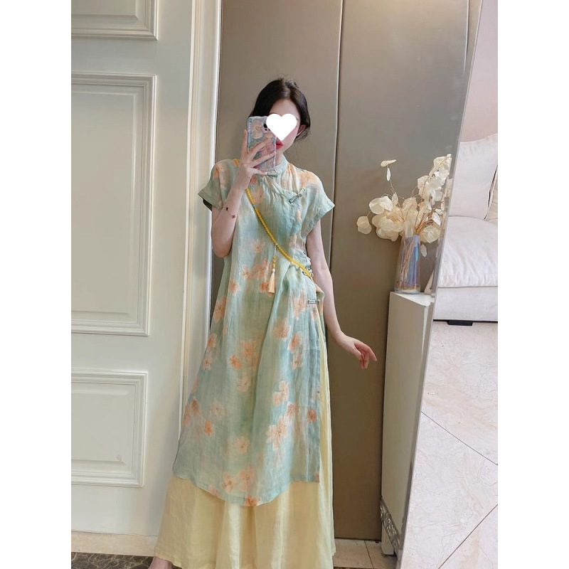 チャイナ服 花柄刺繍入り重ね着風チャイナワンピース