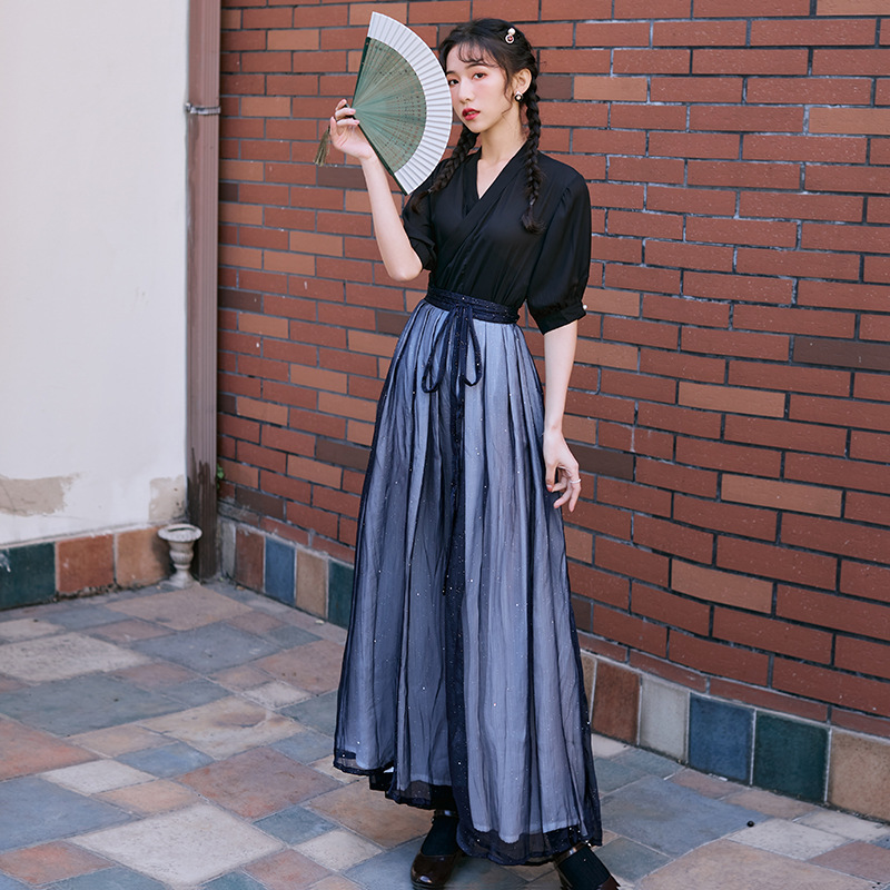 チャイナ服 和風交襟トップスとプリーツロングスカートセットアップ