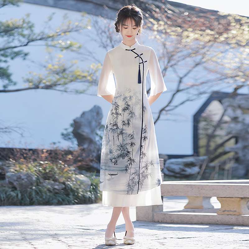 チャイナ服  竹林風景柄チャイナカラーワンピース