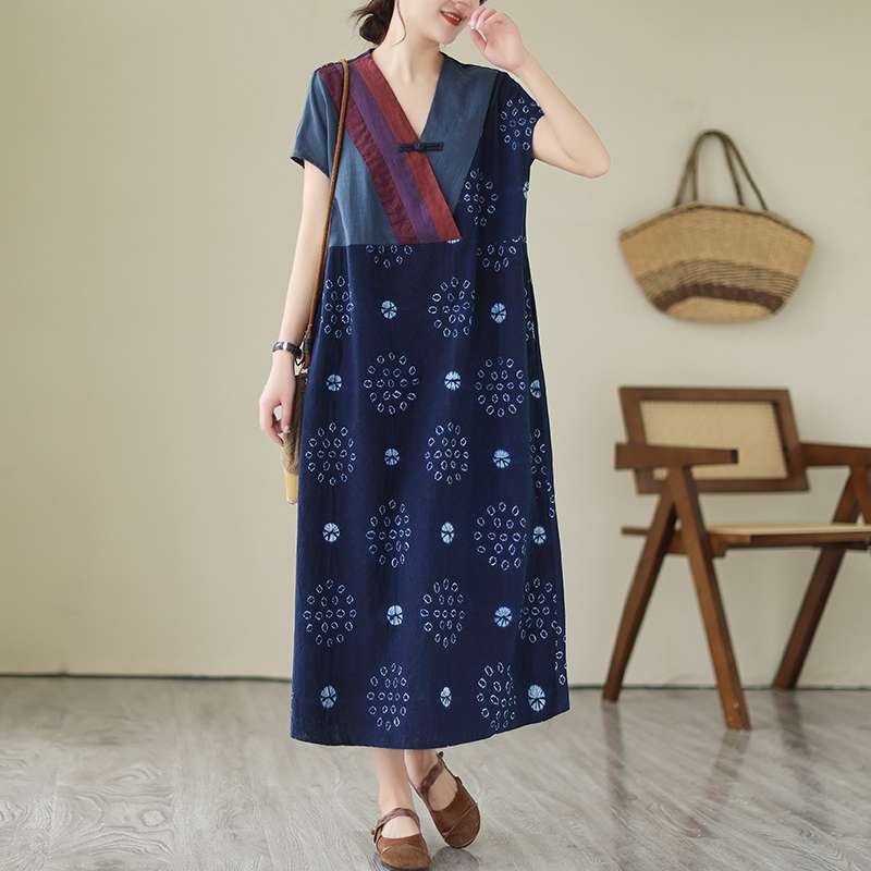 チャイナ服  花柄プリントチャイナカラーロングワンピース