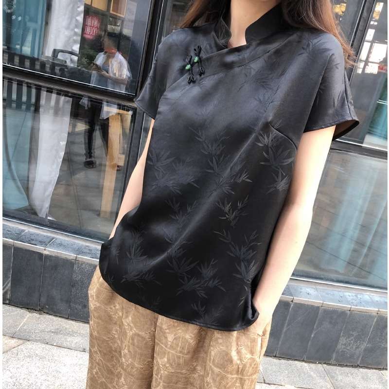 チャイナ服  竹柄刺繍入りチャイナカラーブラウス