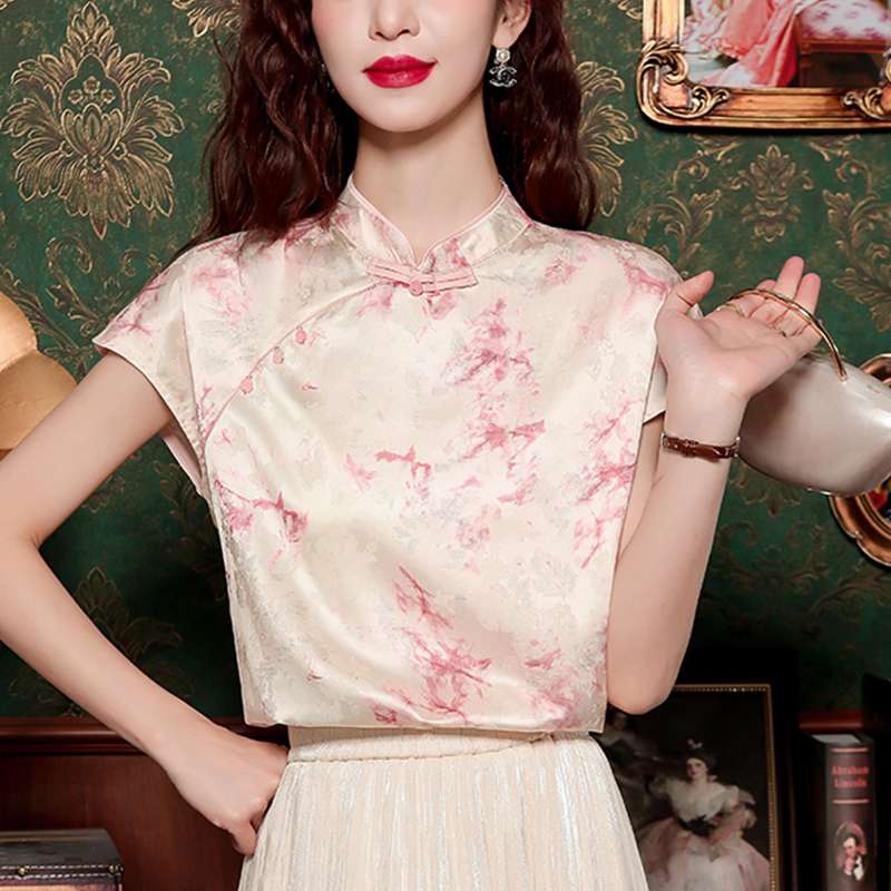 チャイナ服  優雅な桜模様チャイナカラーブラウス
