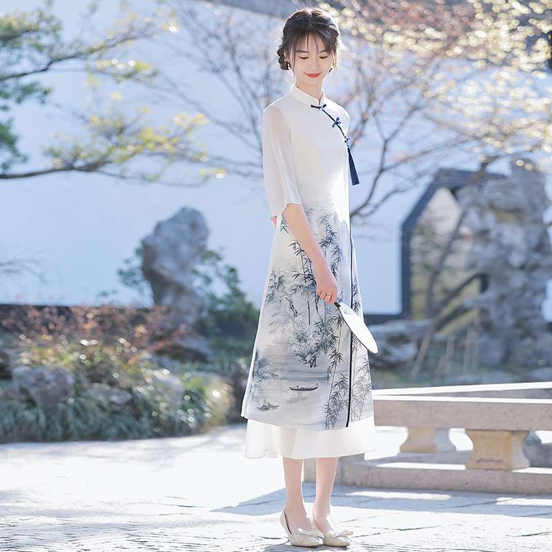 チャイナ服  竹林風景柄チャイナカラーワンピース