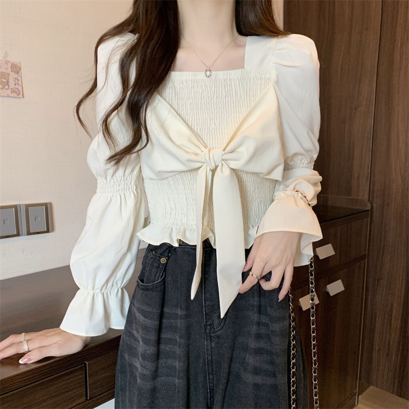 チャイナ服 リボン結び付きシャーリングパフスリーブシャツ