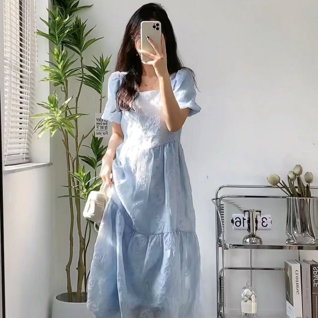 チャイナ服 刺繍花柄パフスリーブティアードワンピース