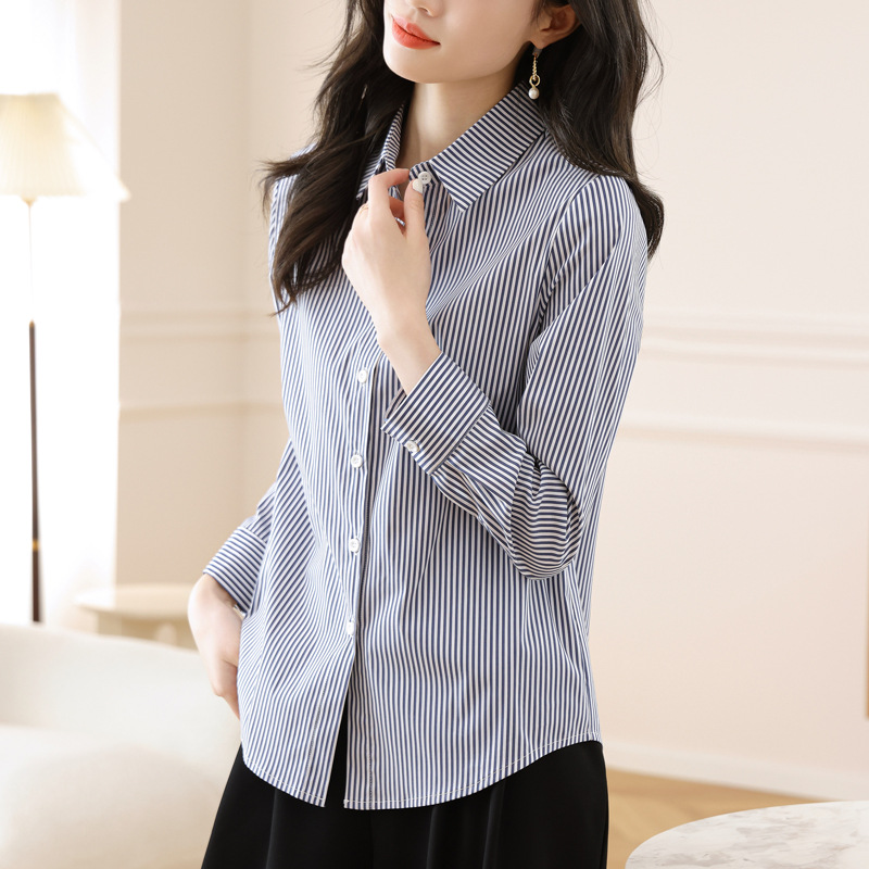 チャイナ服 縦縞模様が上品なレディース長袖シャツ