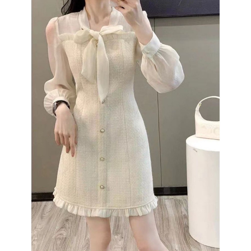 チャイナ服 リボンタイ付きシアー袖チャイナ風ワンピース