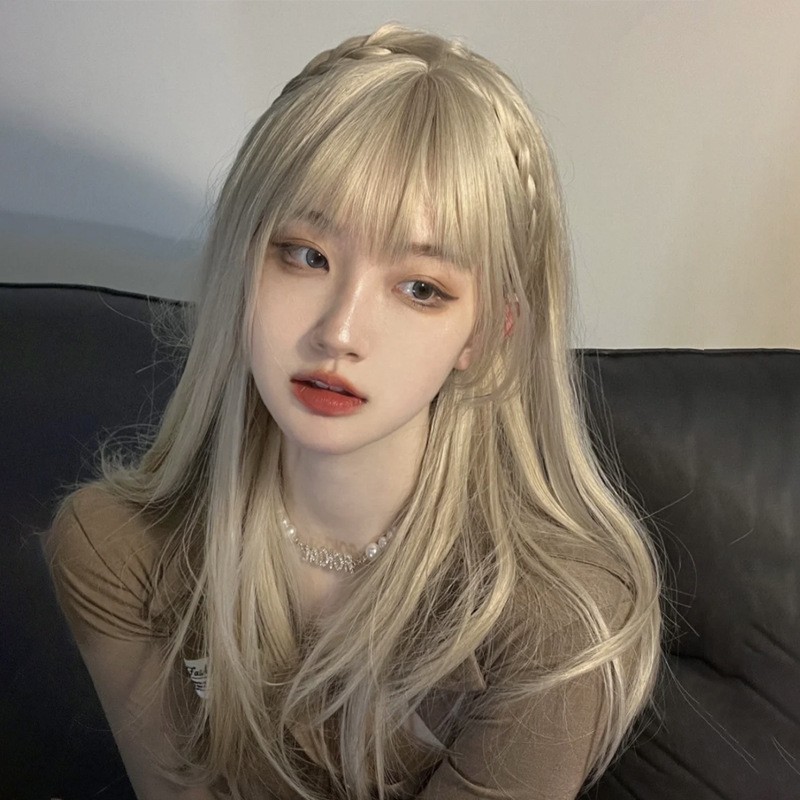 チャイナ服 編み込みヘアバンド付き前髪ありロングウィッグ