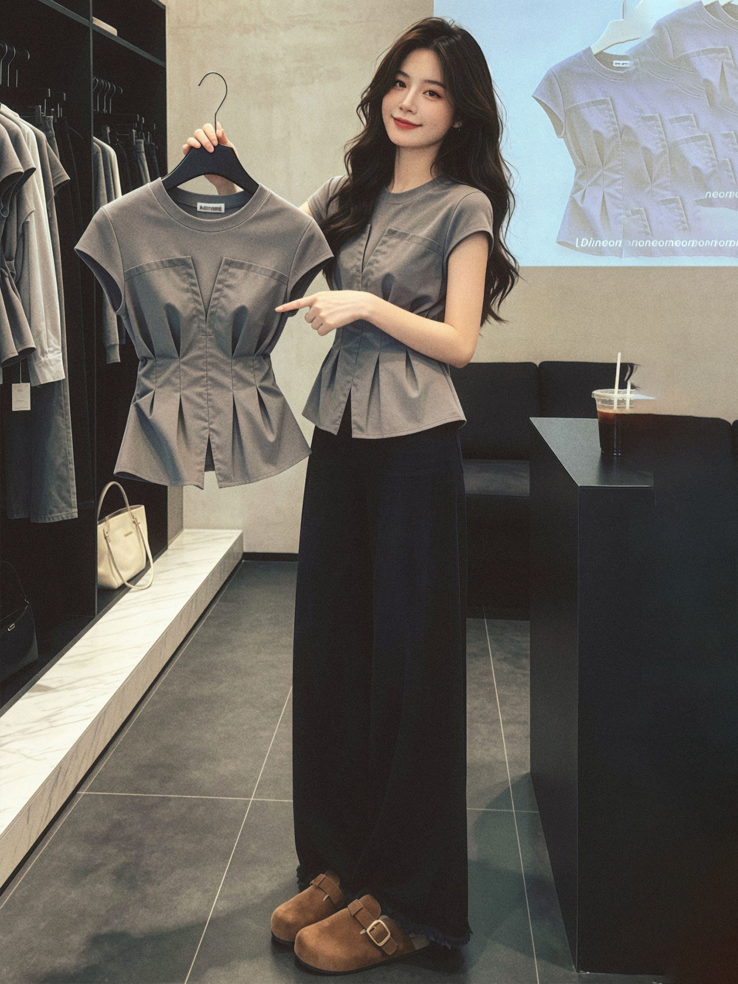 チャイナ服 ウエスト切り替えプリーツ半袖ブラウス