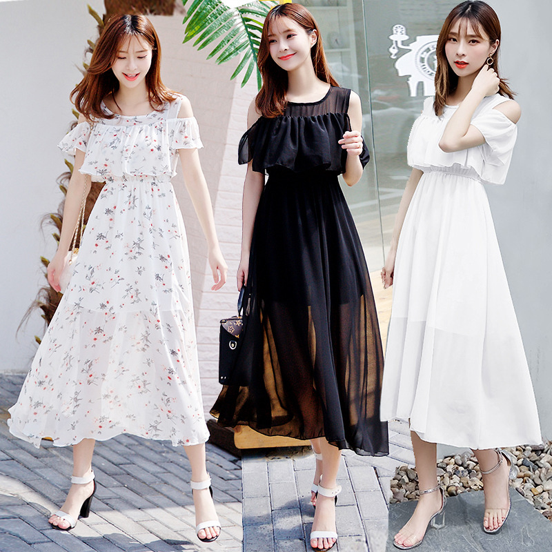 チャイナ服 肩見せフリルシフォン花柄ロングワンピース