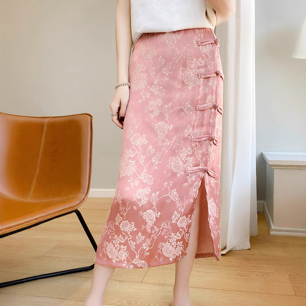 チャイナ服 花柄ジャガード刺繍サイドボタンロングスカート