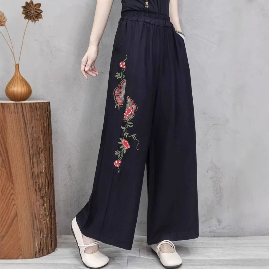 チャイナ服 花鳥刺繍入りゆったりワイドパンツ