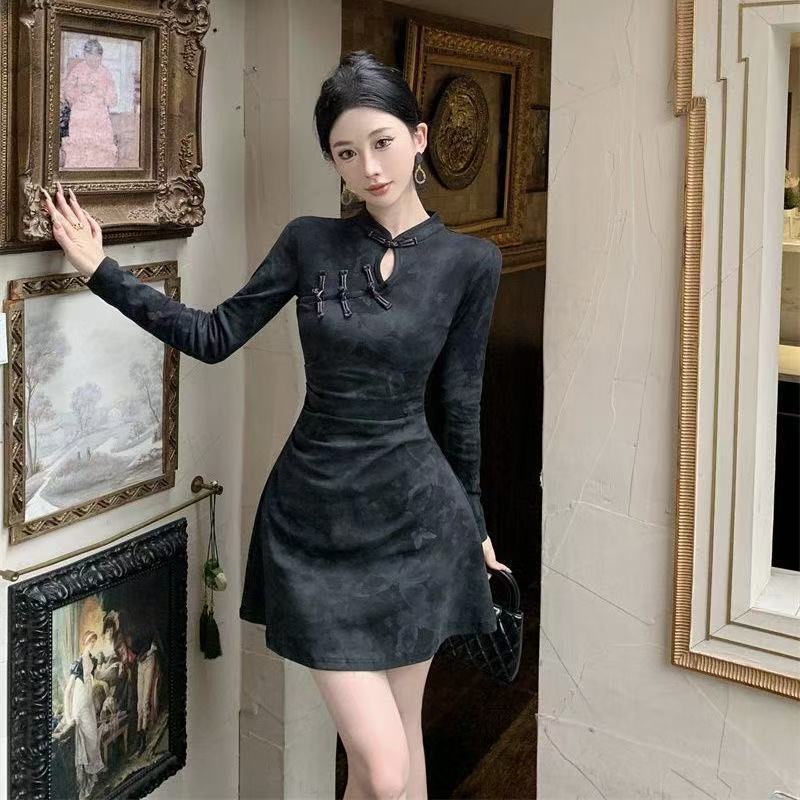 チャイナ服 チャイナ襟キーホールデザイン長袖ワンピース