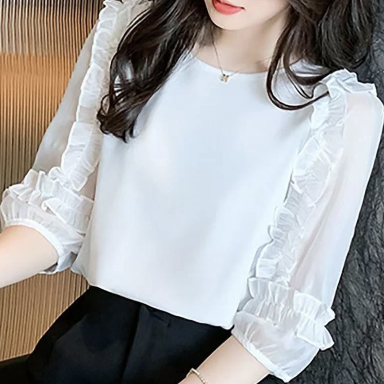 チャイナ服 フリル袖シフォン七分袖チャイナ風ブラウス