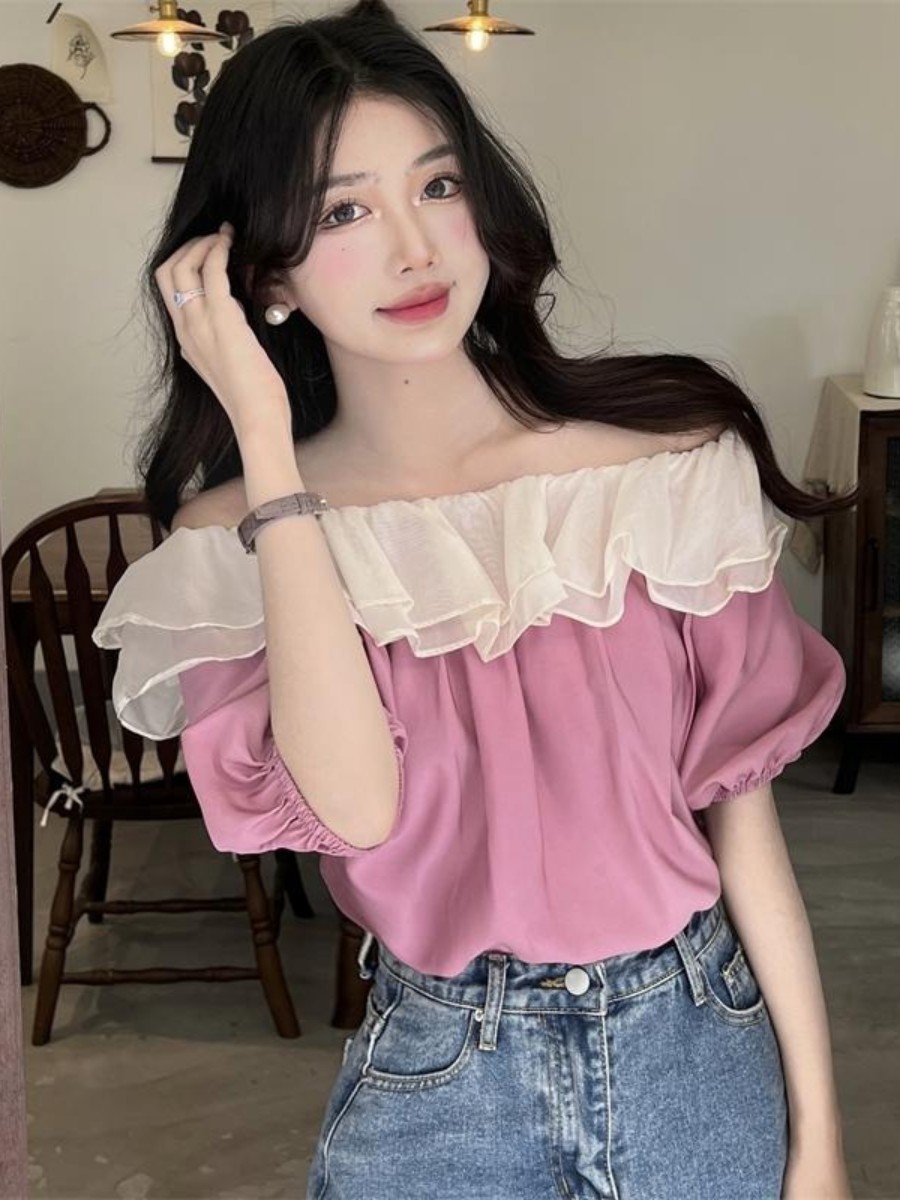 チャイナ服 オフショルダー多重フリル襟シフォンシャツ