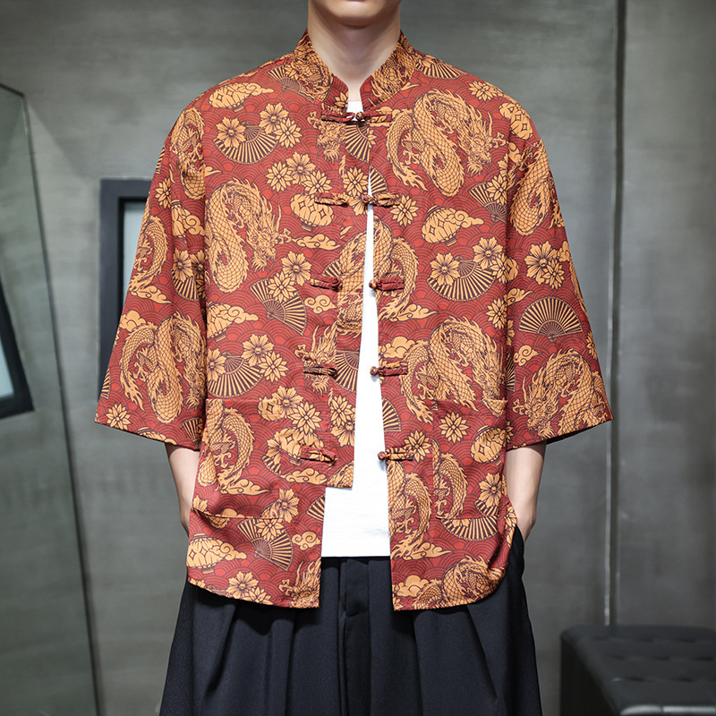 チャイナ服 龍と花柄が映えるチャイナ服七分袖シャツ