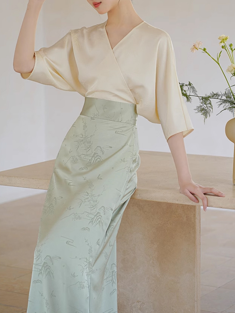 チャイナ服 花鳥刺繍切替七分袖チャイナ風ロングドレス
