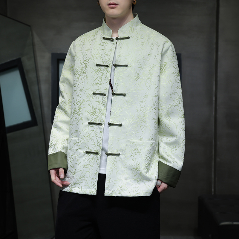 チャイナ服 竹柄刺繍入り唐装ボタン長袖シャツ