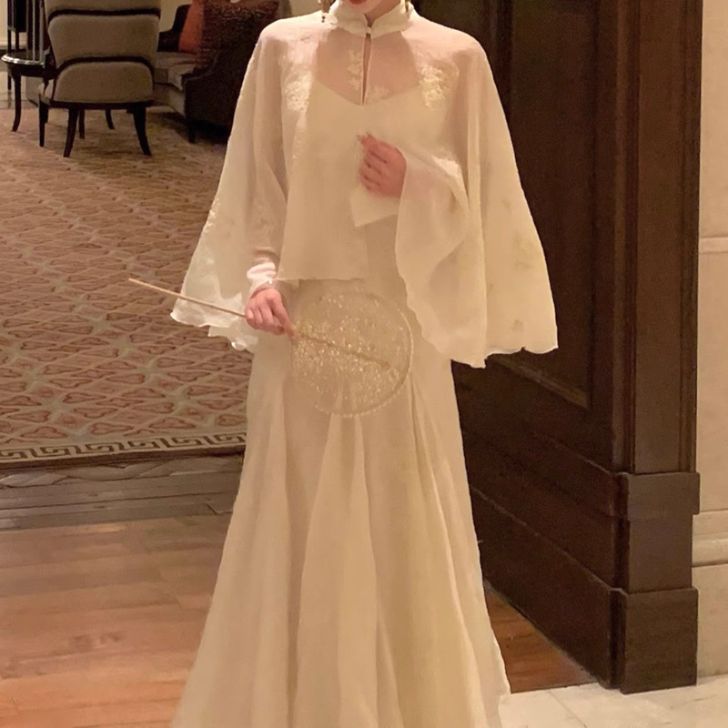 チャイナ服 刺繍入り透け感ショール付きマーメイドチャイナワンピース