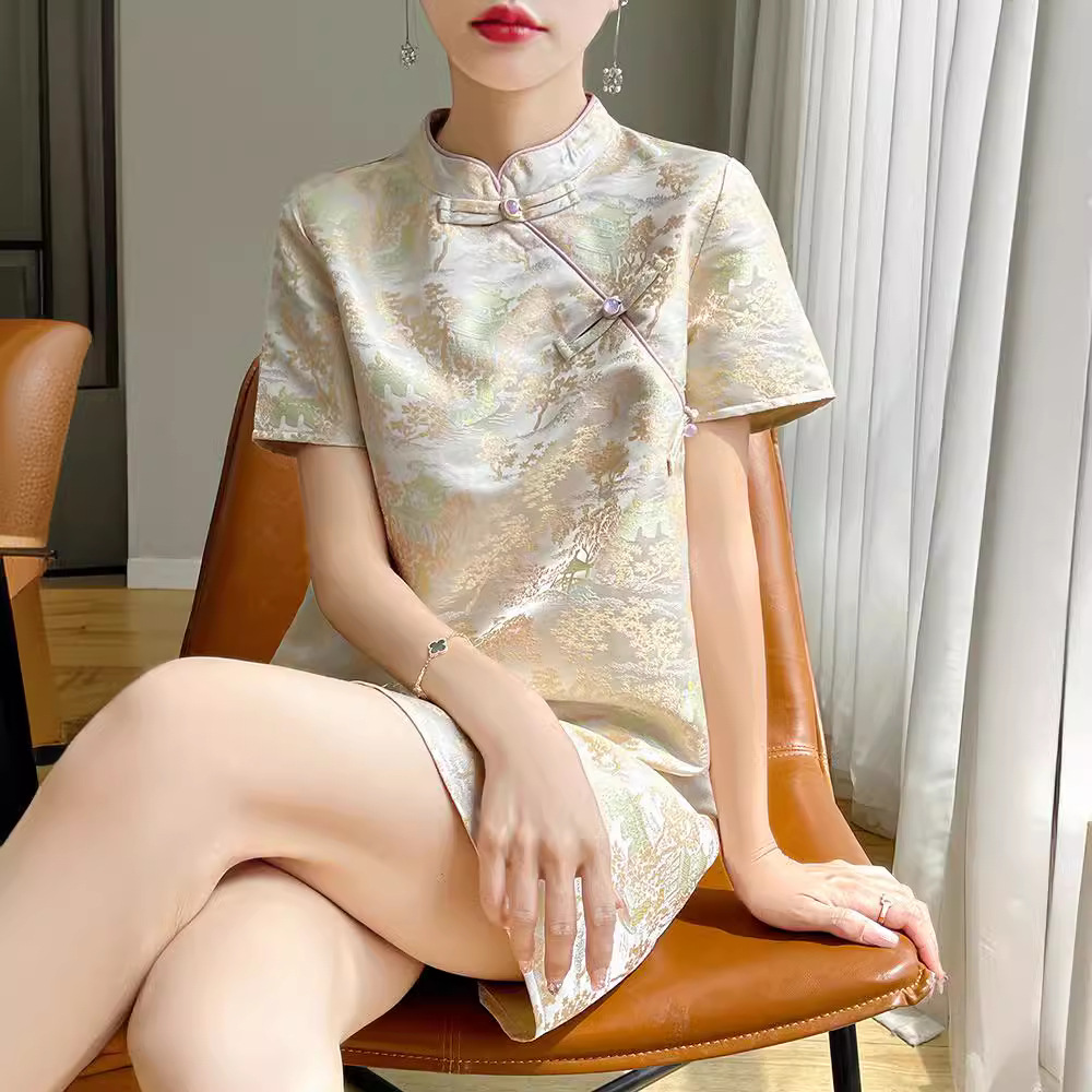 チャイナ服 花柄光沢サテンチャイナワンピースパジャマ