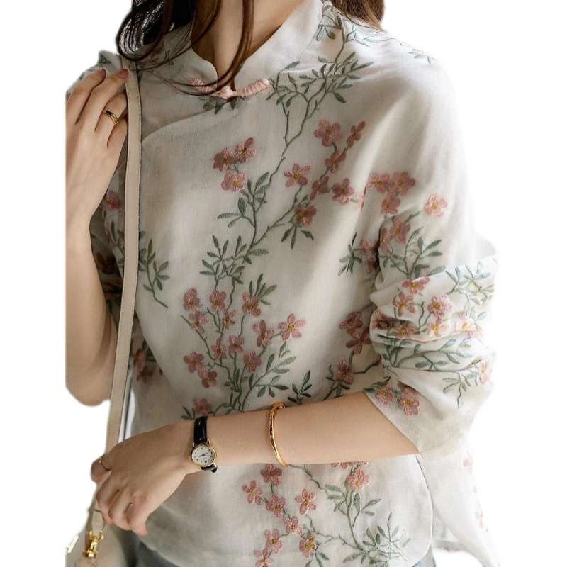 チャイナ服  刺繍入り花柄チャイナシャツ