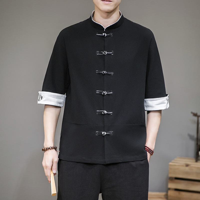 チャイナ服 伝統的チャイナボタン七分袖立襟シャツ