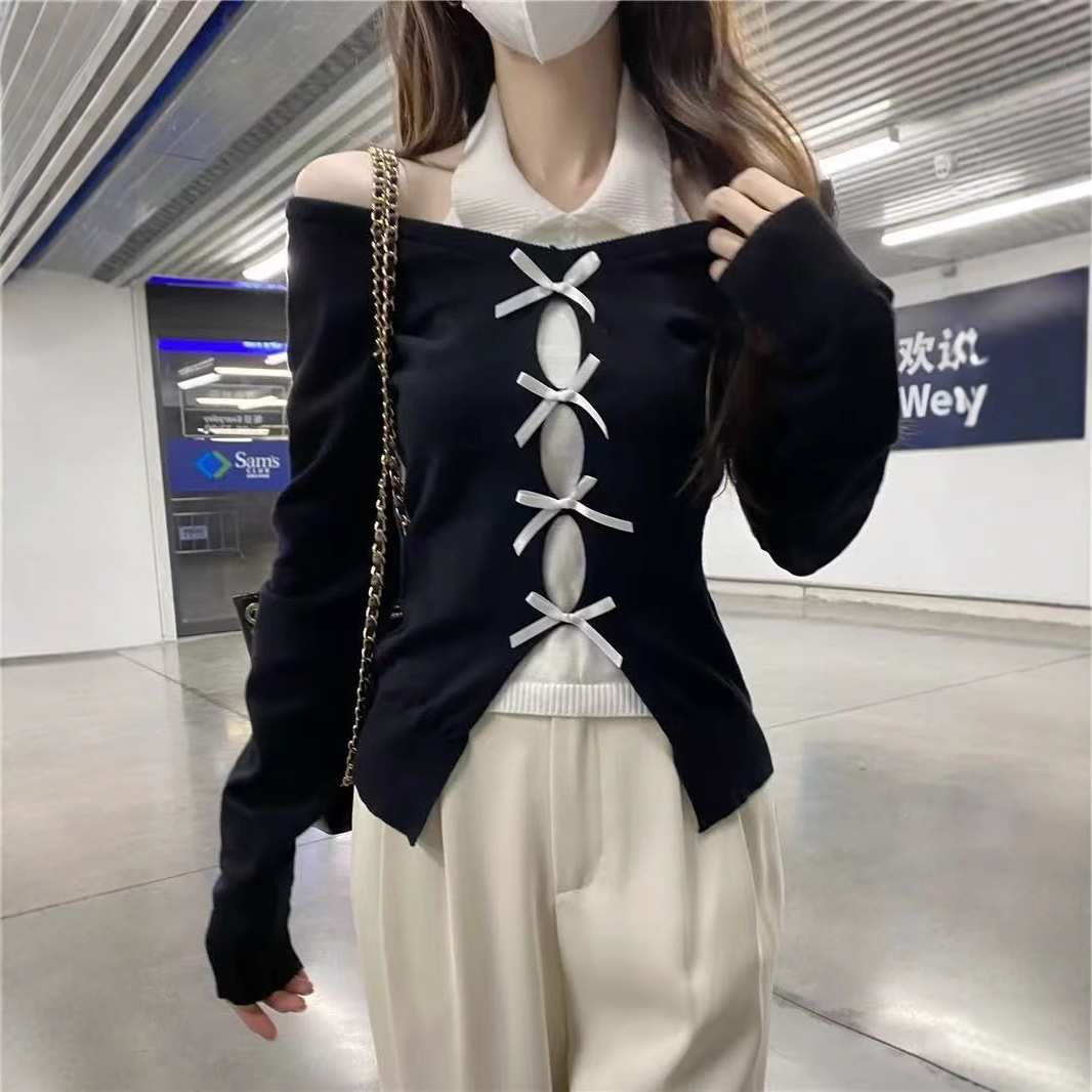 チャイナ服 編み上げリボンデザイン肩開きニットシャツ