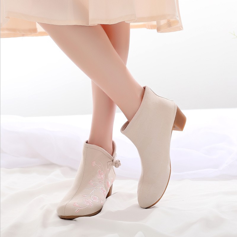 チャイナ服 花刺繍チャイナ風ショートブーツ太めヒール