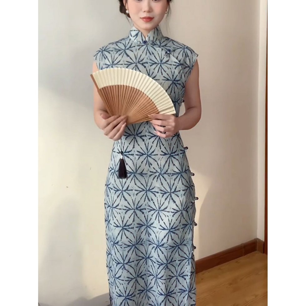チャイナ服 麻の葉模様ロング丈チャイナドレス