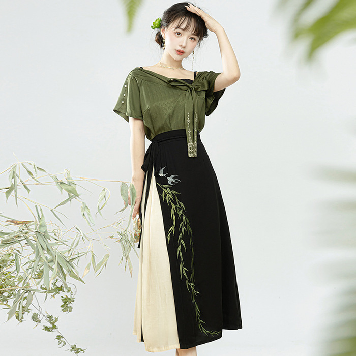 チャイナ服　柳刺繍切替チャイナ風リボン結びワンピース