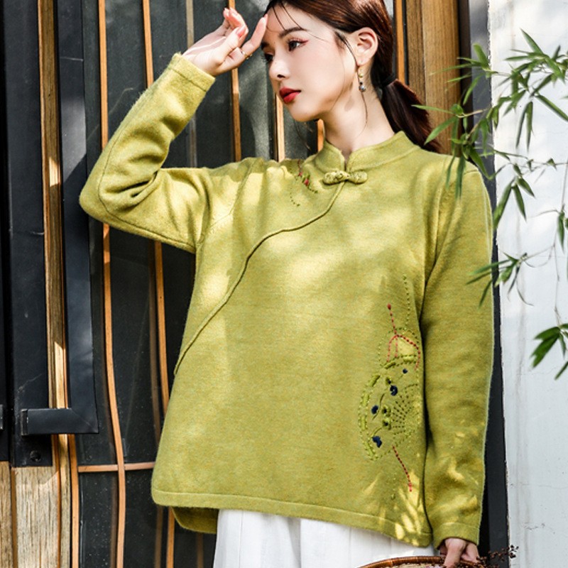 チャイナ服 斜め襟刺繍入り比翼仕立てチャイナブラウス