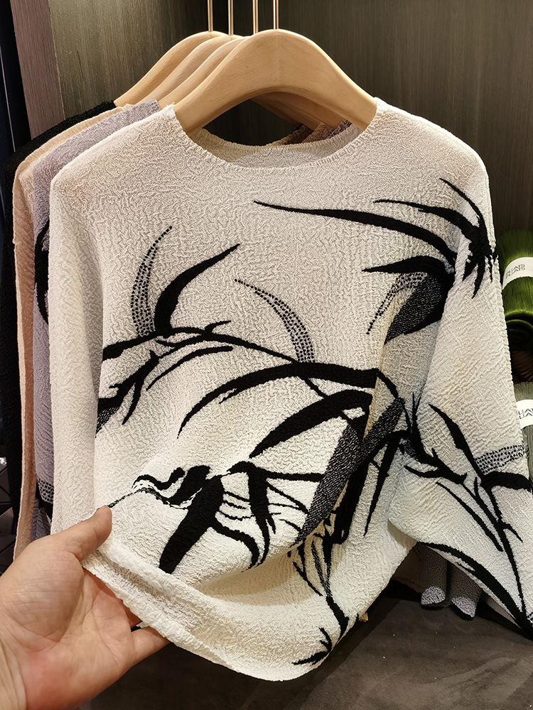チャイナ服 墨絵風竹柄ニット長袖トップス メンズ