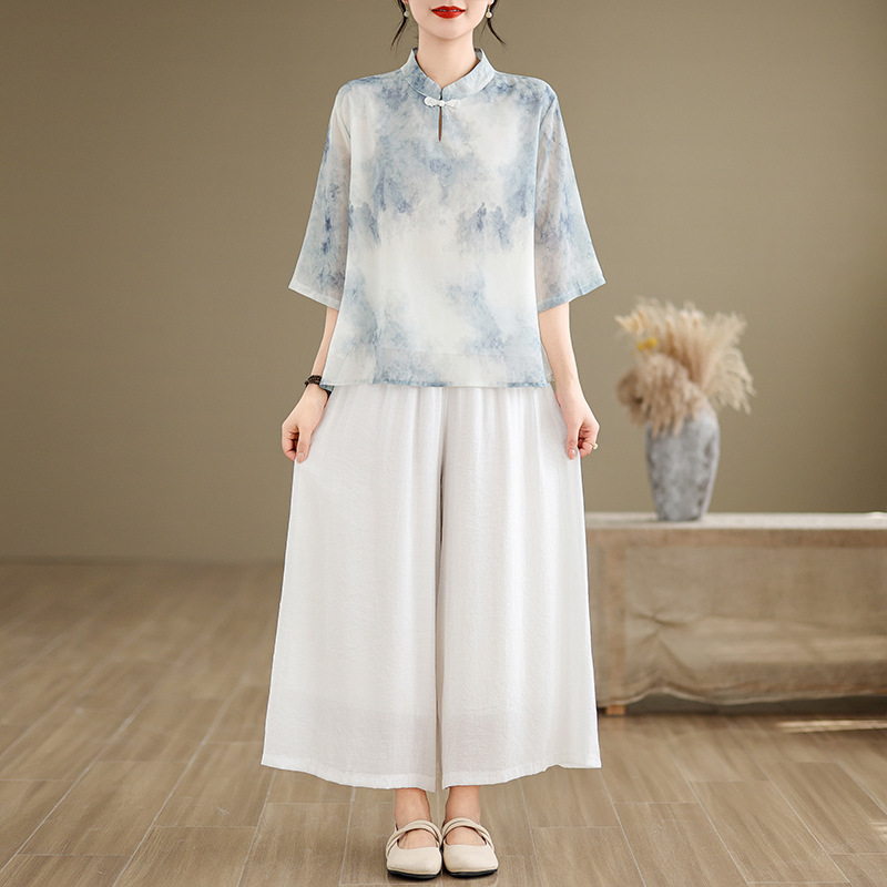 チャイナ服 水墨柄五分袖チャイナ風トップスとワイドパンツセット