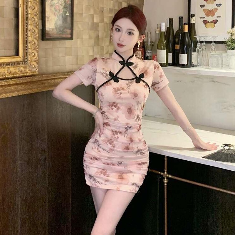 チャイナ服 花柄シースルー半袖ミニチャイナドレス
