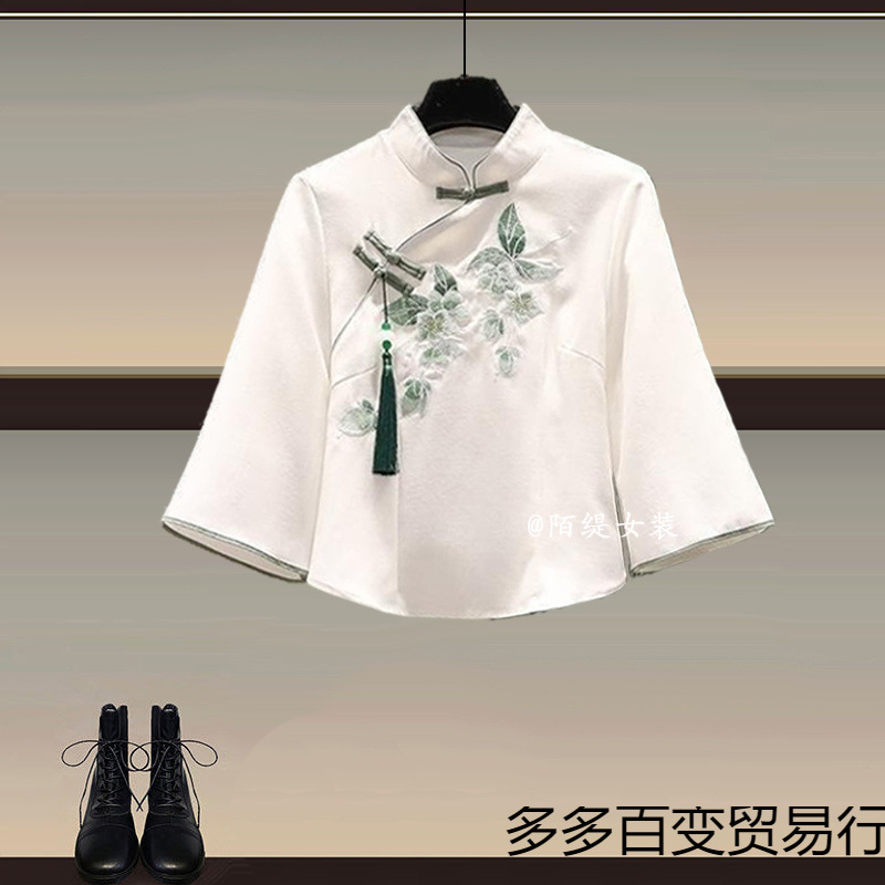 チャイナ服 蓮柄刺繍七分袖チャイナ服上下セット