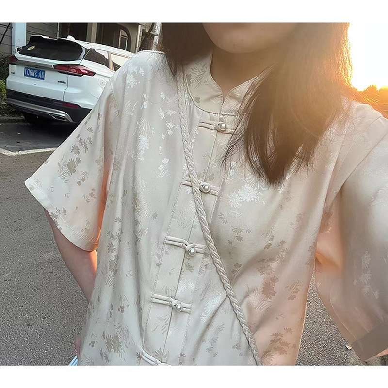 チャイナ服  花柄チャイナトップス半袖シャツ